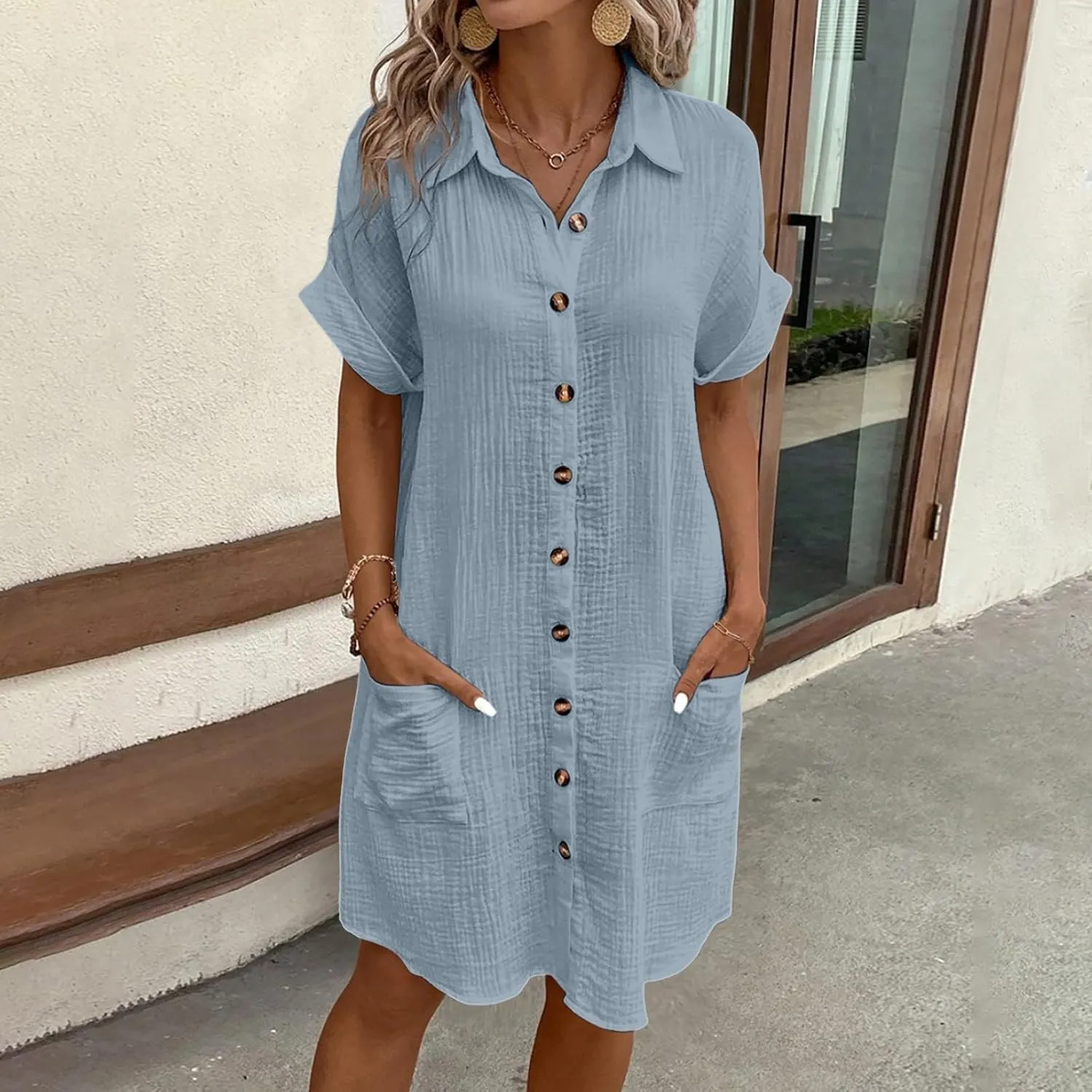 Womens Casual Loose Button Down Shirt Dress Cotton Linen Short Sleeve Fashion Beach Cover Ups Blouse Dress with Pocket