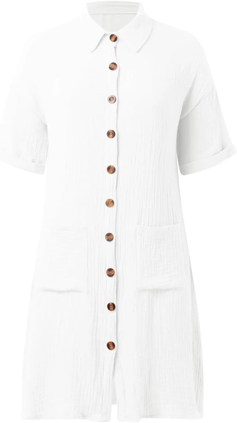 Womens Casual Loose Button Down Shirt Dress Cotton Linen Short Sleeve Fashion Beach Cover Ups Blouse Dress with Pocket