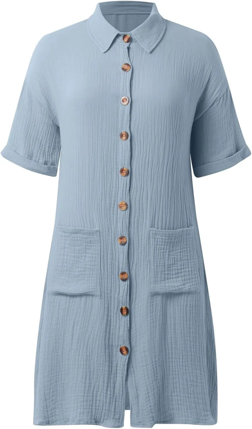 Womens Casual Loose Button Down Shirt Dress Cotton Linen Short Sleeve Fashion Beach Cover Ups Blouse Dress with Pocket