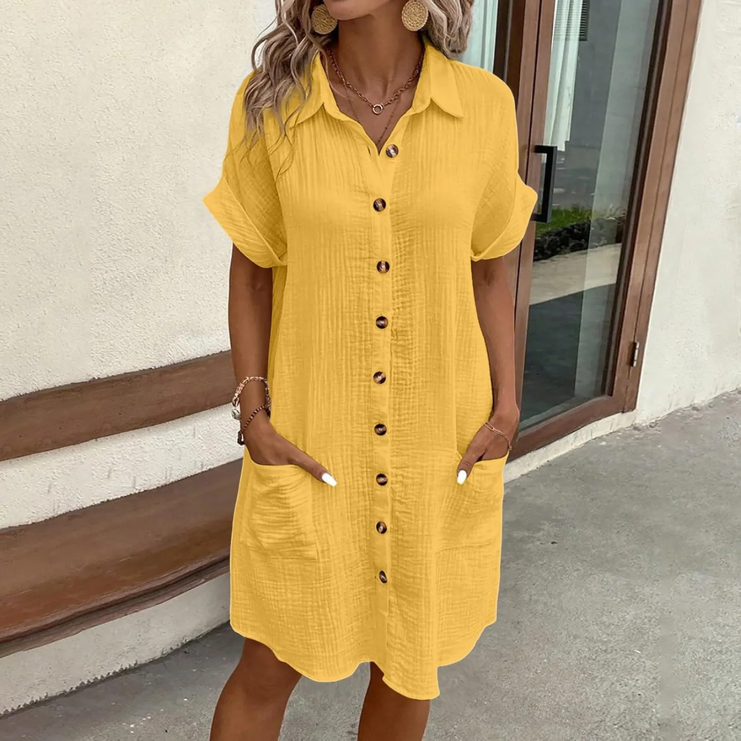 Womens Casual Loose Button Down Shirt Dress Cotton Linen Short Sleeve Fashion Beach Cover Ups Blouse Dress with Pocket
