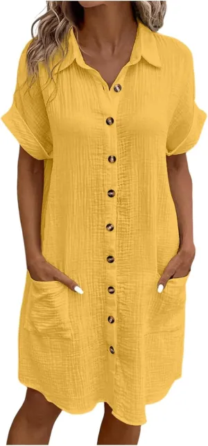 Womens Casual Loose Button Down Shirt Dress Cotton Linen Short Sleeve Fashion Beach Cover Ups Blouse Dress with Pocket