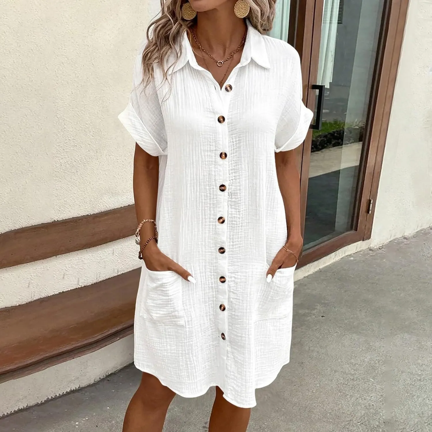 Womens Casual Loose Button Down Shirt Dress Cotton Linen Short Sleeve Fashion Beach Cover Ups Blouse Dress with Pocket