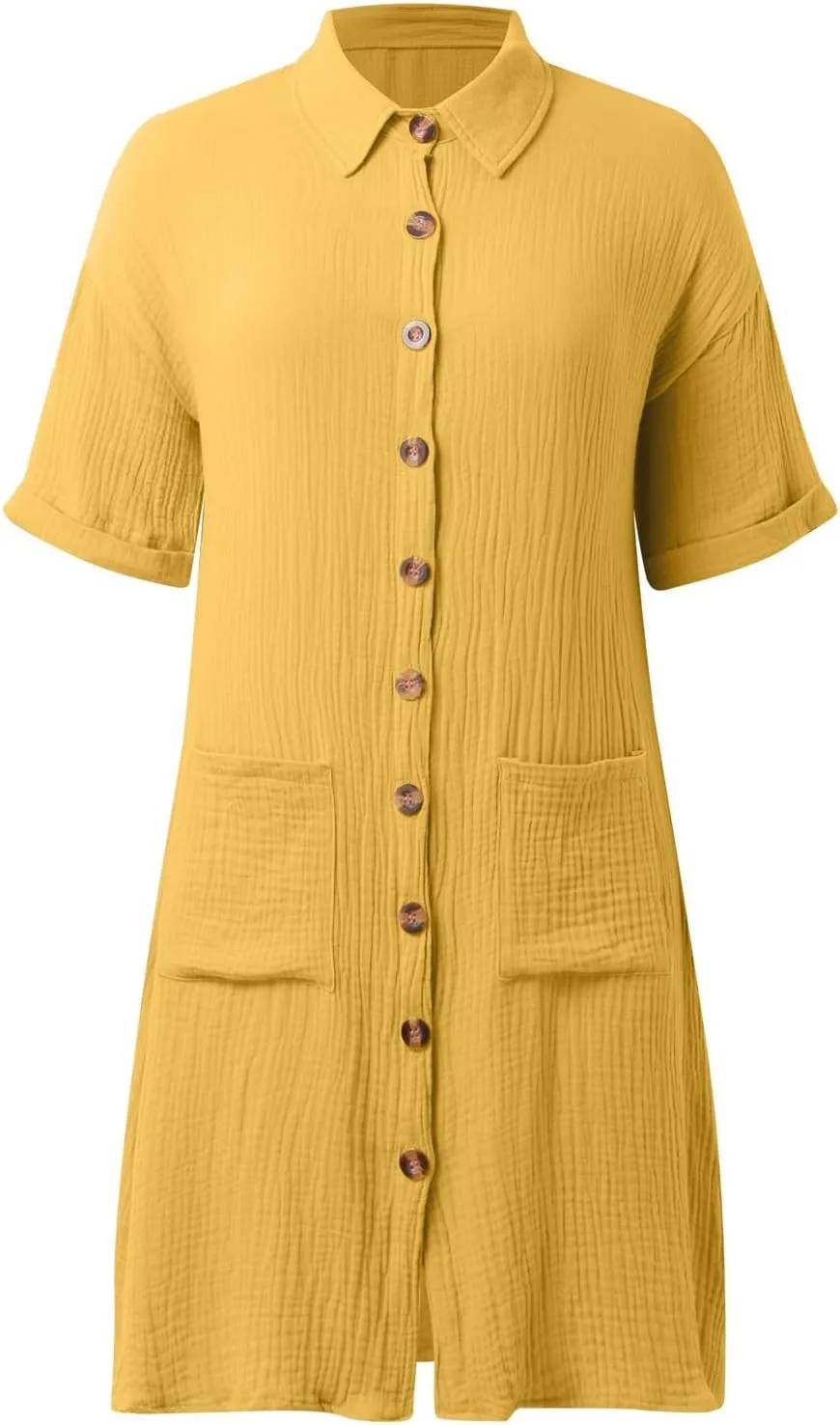 Womens Casual Loose Button Down Shirt Dress Cotton Linen Short Sleeve Fashion Beach Cover Ups Blouse Dress with Pocket