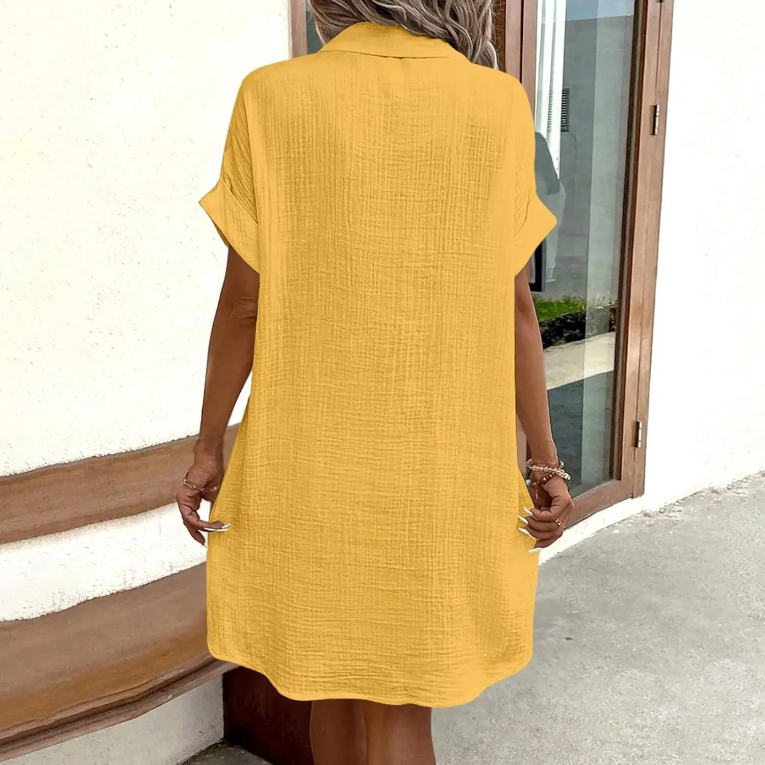 Womens Casual Loose Button Down Shirt Dress Cotton Linen Short Sleeve Fashion Beach Cover Ups Blouse Dress with Pocket
