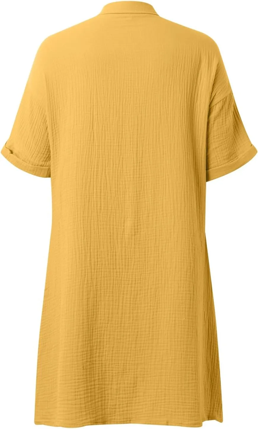 Womens Casual Loose Button Down Shirt Dress Cotton Linen Short Sleeve Fashion Beach Cover Ups Blouse Dress with Pocket