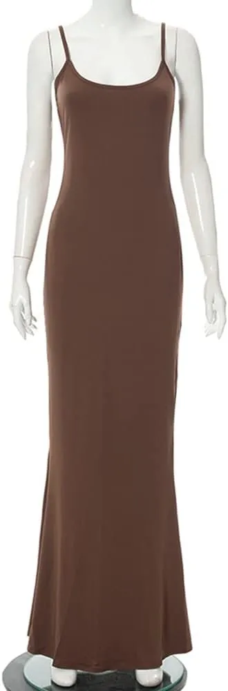 Women's Casual Lounge Slip Long Dress Sleeveless Bodycon Maxi Dresses Solid Color