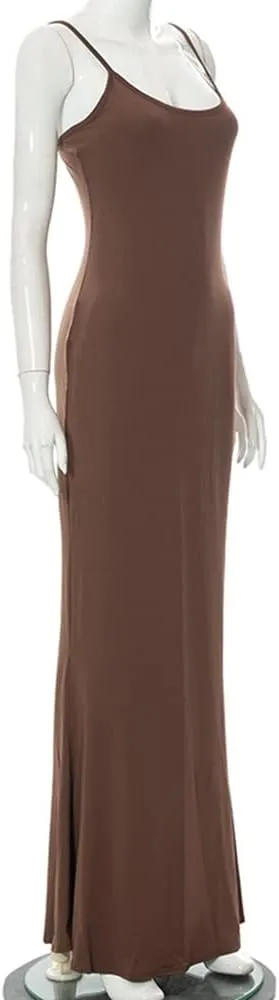 Women's Casual Lounge Slip Long Dress Sleeveless Bodycon Maxi Dresses Solid Color