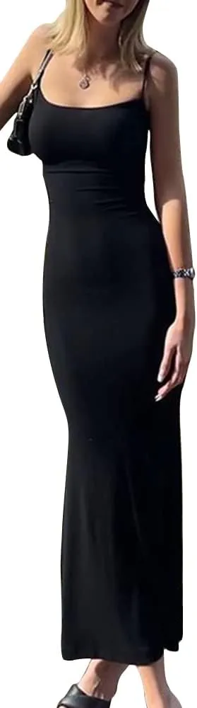 Women's Casual Lounge Slip Long Dress Sleeveless Bodycon Maxi Dresses Solid Color