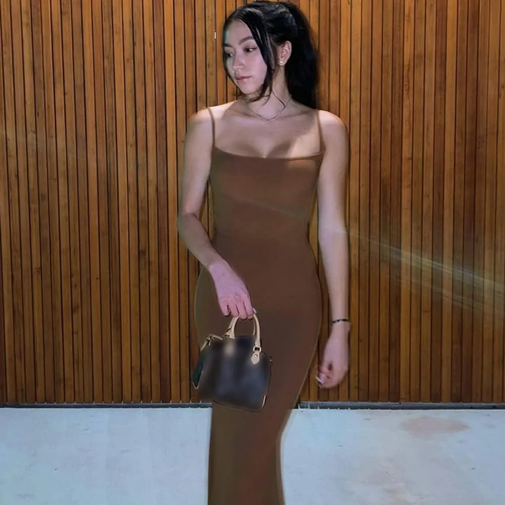 Women's Casual Lounge Slip Long Dress Sleeveless Bodycon Maxi Dresses Solid Color