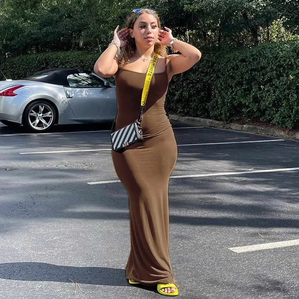 Women's Casual Lounge Slip Long Dress Sleeveless Bodycon Maxi Dresses Solid Color