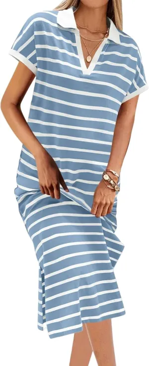 Womens Casual Maxi Dress Trendy Striped V Neck Short Sleeve Dress Summer Slim Fit Split Hem Vacation Beach Sundress