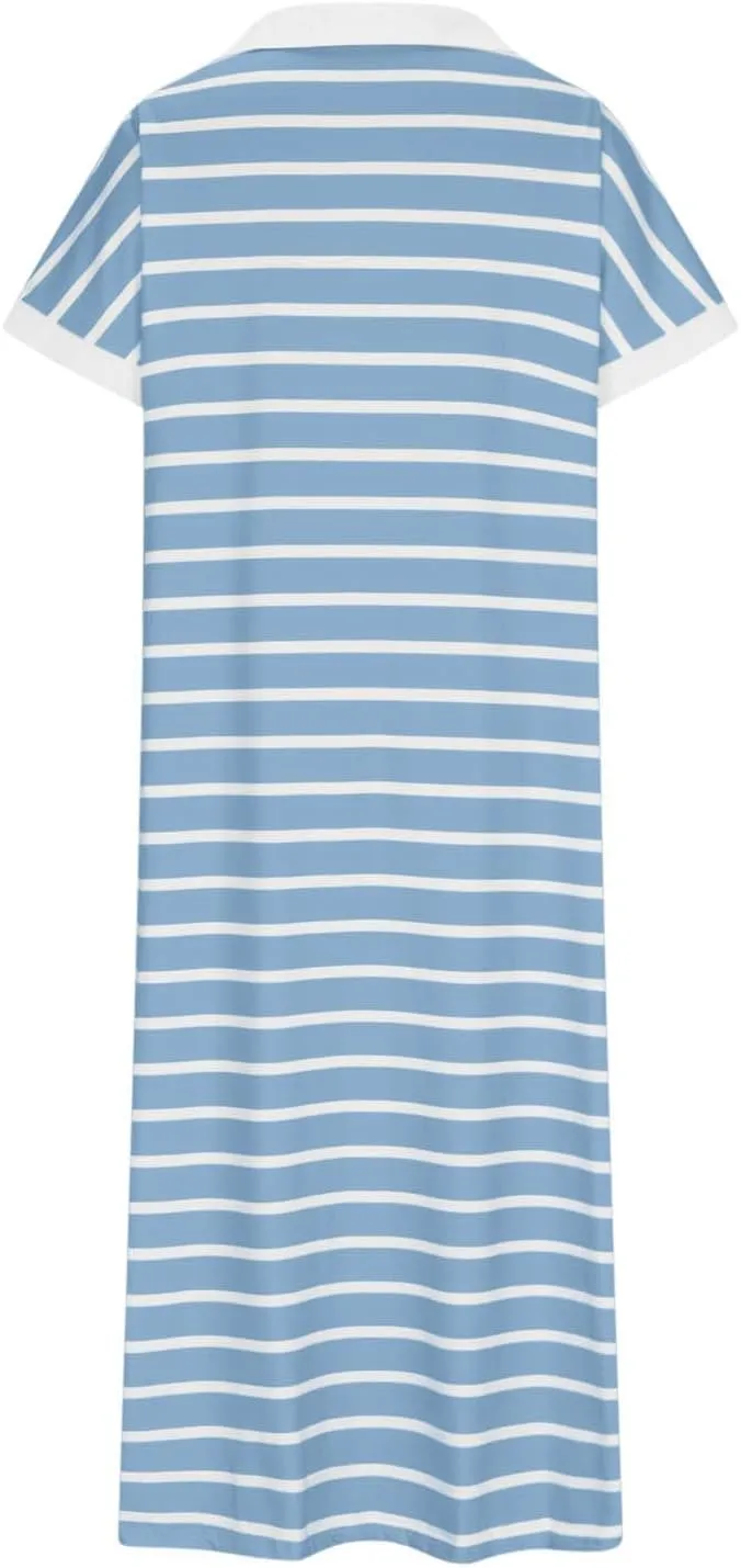 Womens Casual Maxi Dress Trendy Striped V Neck Short Sleeve Dress Summer Slim Fit Split Hem Vacation Beach Sundress