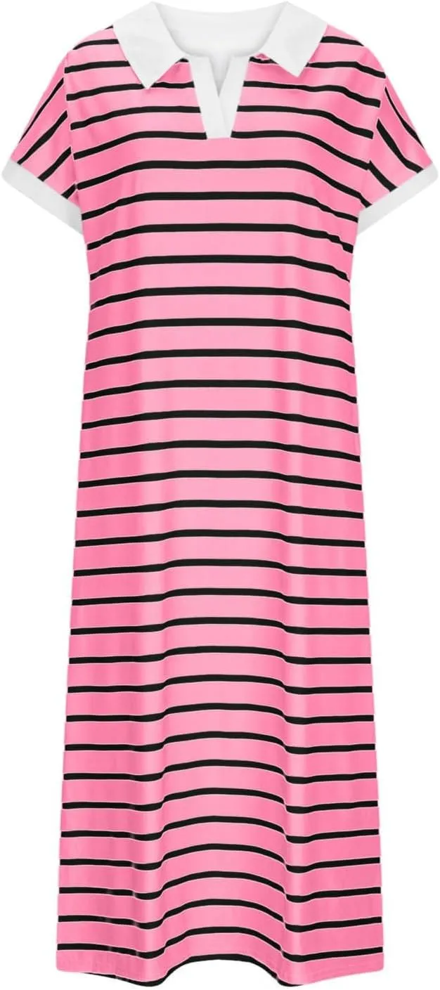 Womens Casual Maxi Dress Trendy Striped V Neck Short Sleeve Dress Summer Slim Fit Split Hem Vacation Beach Sundress