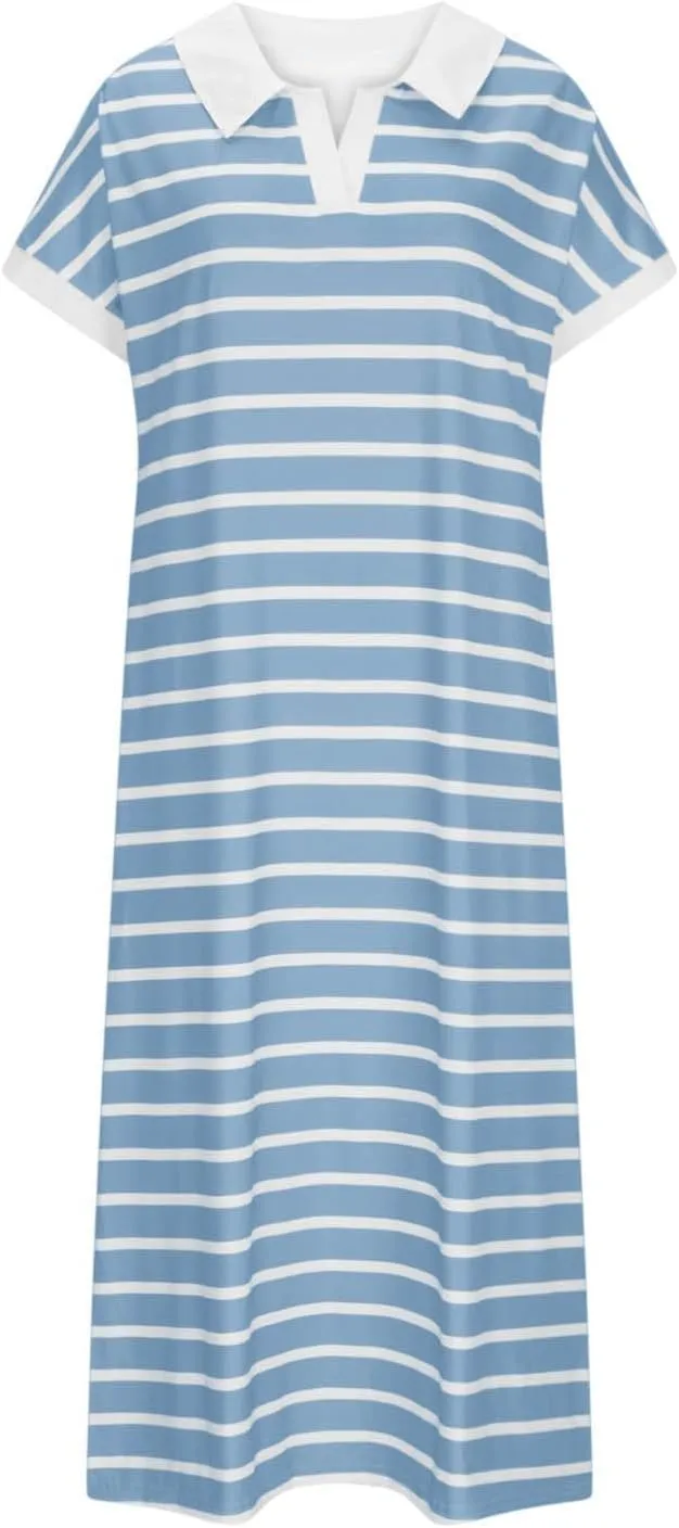 Womens Casual Maxi Dress Trendy Striped V Neck Short Sleeve Dress Summer Slim Fit Split Hem Vacation Beach Sundress