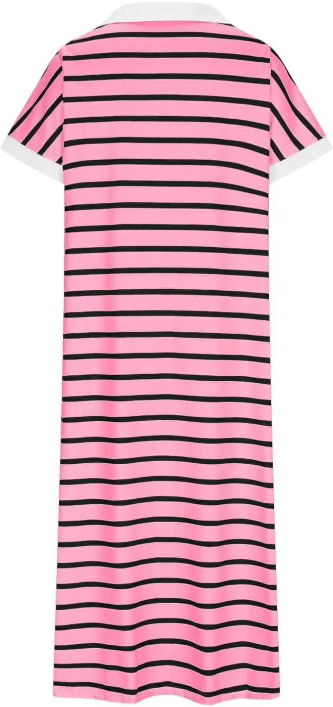 Womens Casual Maxi Dress Trendy Striped V Neck Short Sleeve Dress Summer Slim Fit Split Hem Vacation Beach Sundress