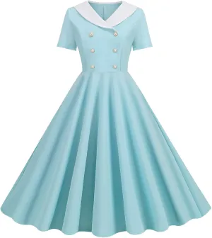 Womens Casual Retro Dresses Semi Formal Fit V Neck Short Sleeved A Line Skirt for Women 2025 Swing Party Short Dresses
