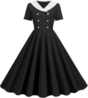 Womens Casual Retro Dresses Semi Formal Fit V Neck Short Sleeved A Line Skirt for Women 2025 Swing Party Short Dresses