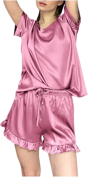 Women's Casual Satin Pajama Set Silk Short Sleeve Sleepwear Top and Ruffle Shorts Loose Fitting Matching Loungewear