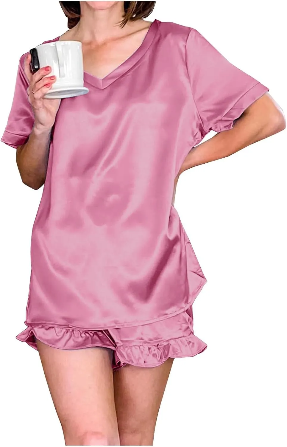 Women's Casual Satin Pajama Set Silk Short Sleeve Sleepwear Top and Ruffle Shorts Loose Fitting Matching Loungewear