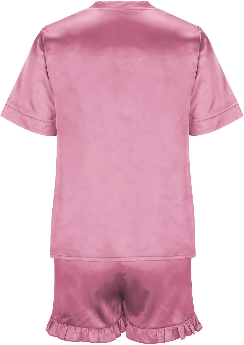 Women's Casual Satin Pajama Set Silk Short Sleeve Sleepwear Top and Ruffle Shorts Loose Fitting Matching Loungewear