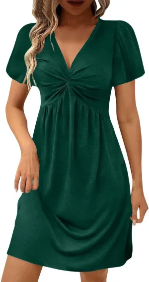 Womens Casual Short Sleeve Dress v Neck a line Flowy midi Elastic Waisted Dress for Women Summer 2025