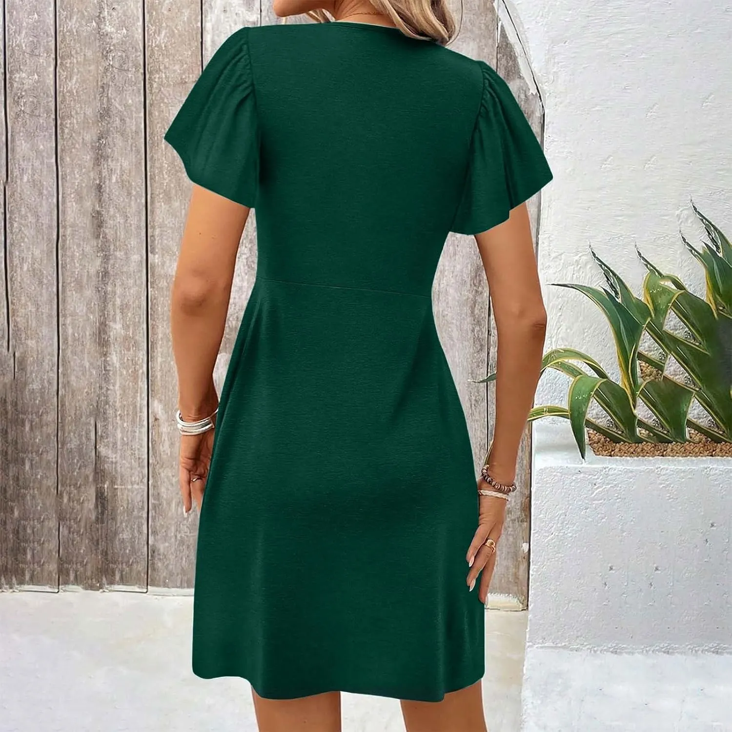 Womens Casual Short Sleeve Dress v Neck a line Flowy midi Elastic Waisted Dress for Women Summer 2025