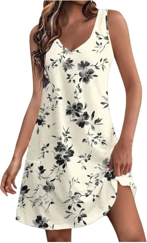Womens Casual Summer Short Dresses Floral Printed Sleeveless V Neck Spring Dress Mini Dress 2025
