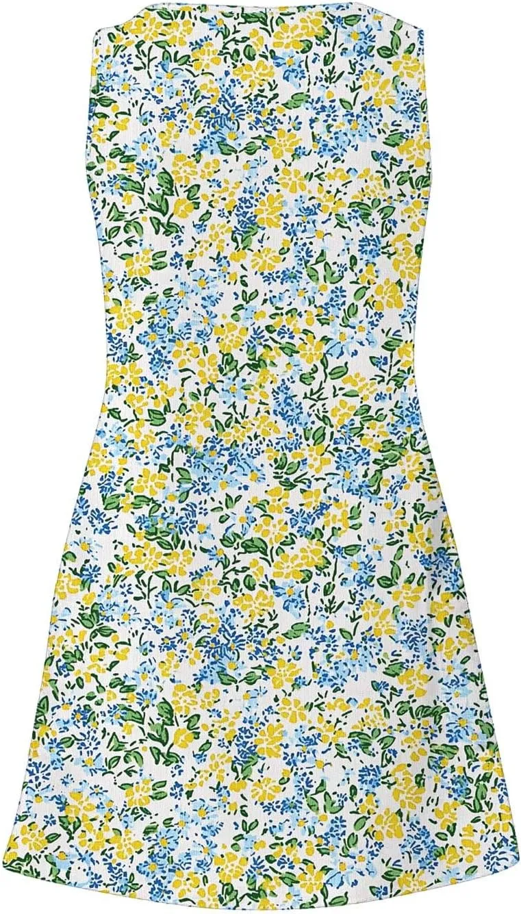 Womens Casual Summer Short Dresses Floral Printed Sleeveless V Neck Spring Dress Mini Dress 2025