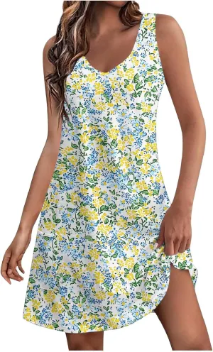 Womens Casual Summer Short Dresses Floral Printed Sleeveless V Neck Spring Dress Mini Dress 2025