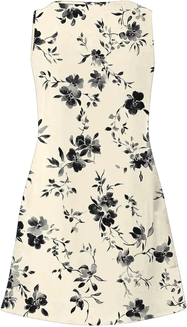Womens Casual Summer Short Dresses Floral Printed Sleeveless V Neck Spring Dress Mini Dress 2025