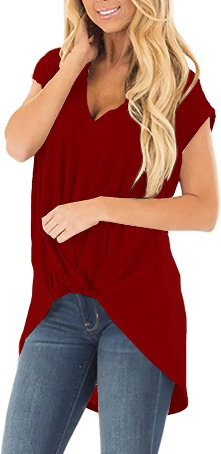 Women's Comfy Casual Summer Tops Short Sleeve V Neck Draped Blouses Front Twist Knot Loose Fitted Tees