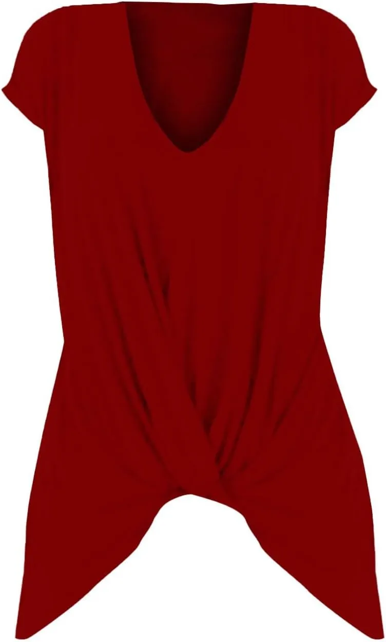 Women's Comfy Casual Summer Tops Short Sleeve V Neck Draped Blouses Front Twist Knot Loose Fitted Tees