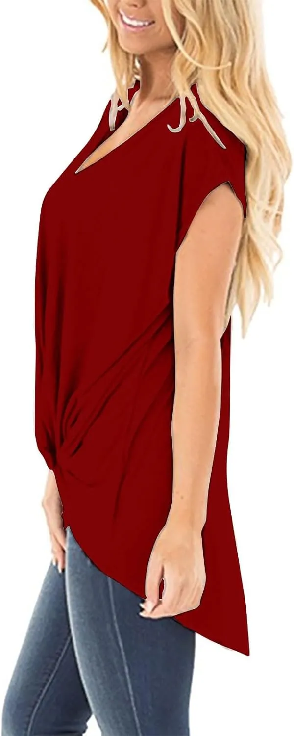 Women's Comfy Casual Summer Tops Short Sleeve V Neck Draped Blouses Front Twist Knot Loose Fitted Tees