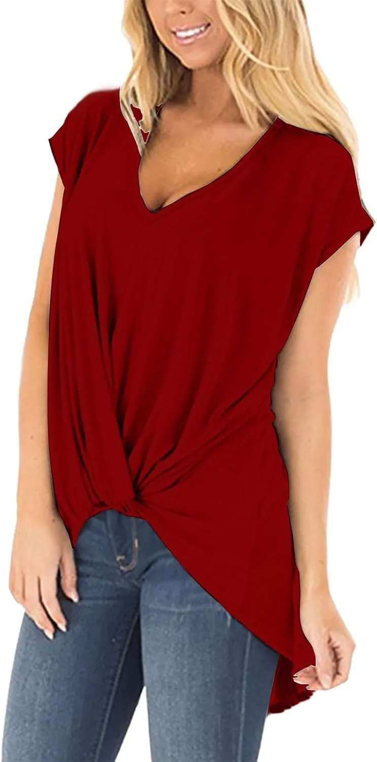 Women's Comfy Casual Summer Tops Short Sleeve V Neck Draped Blouses Front Twist Knot Loose Fitted Tees