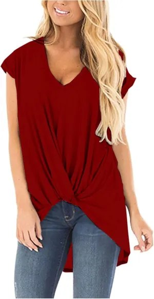 Women's Comfy Casual Summer Tops Short Sleeve V Neck Draped Blouses Front Twist Knot Loose Fitted Tees