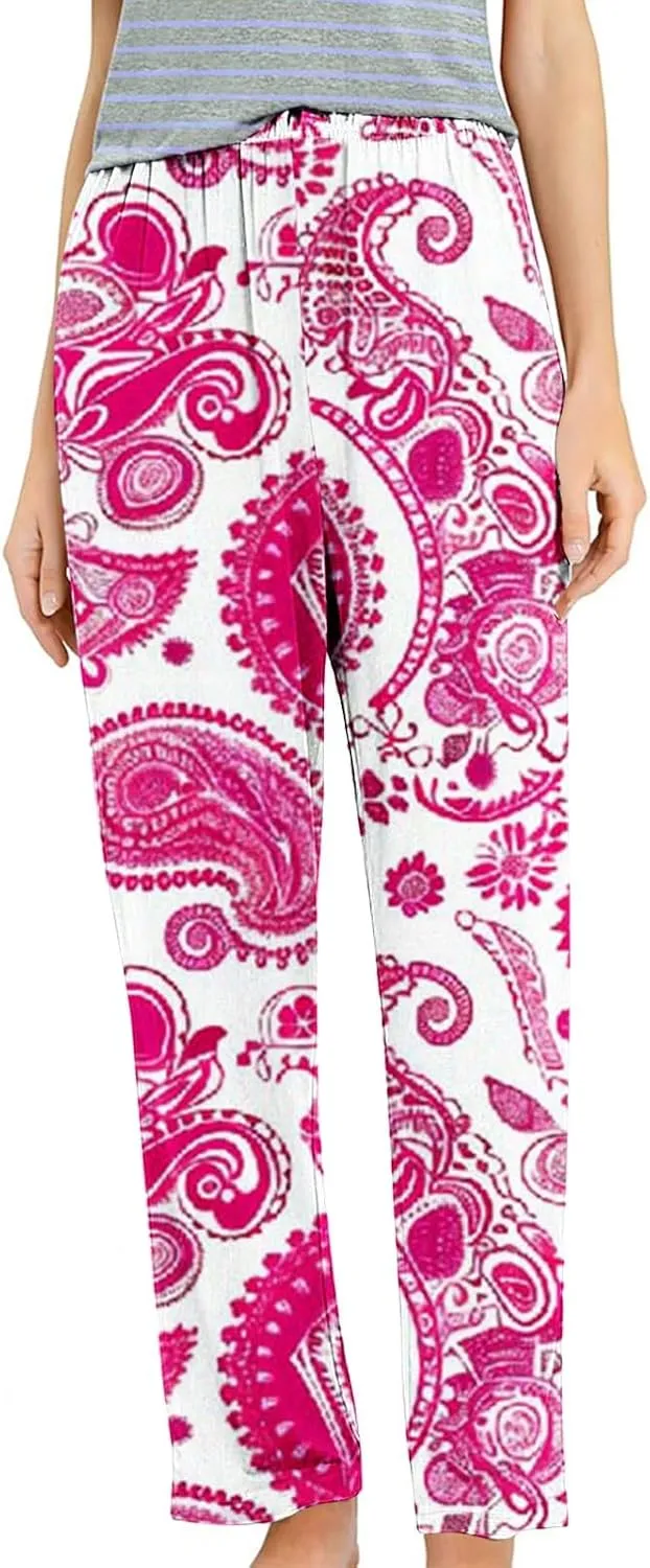 Womens Comfy Stretch Floral Printed Lounge Pants Loose Elastic Waist Pajamas Bottoms Ultra-Soft Sleepwear