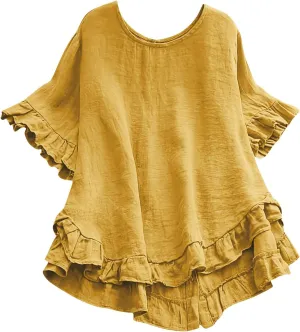 Women's Cotton and Linen Solid Color Loose Ruffled Edge Short Sleeved Button Up Shirt