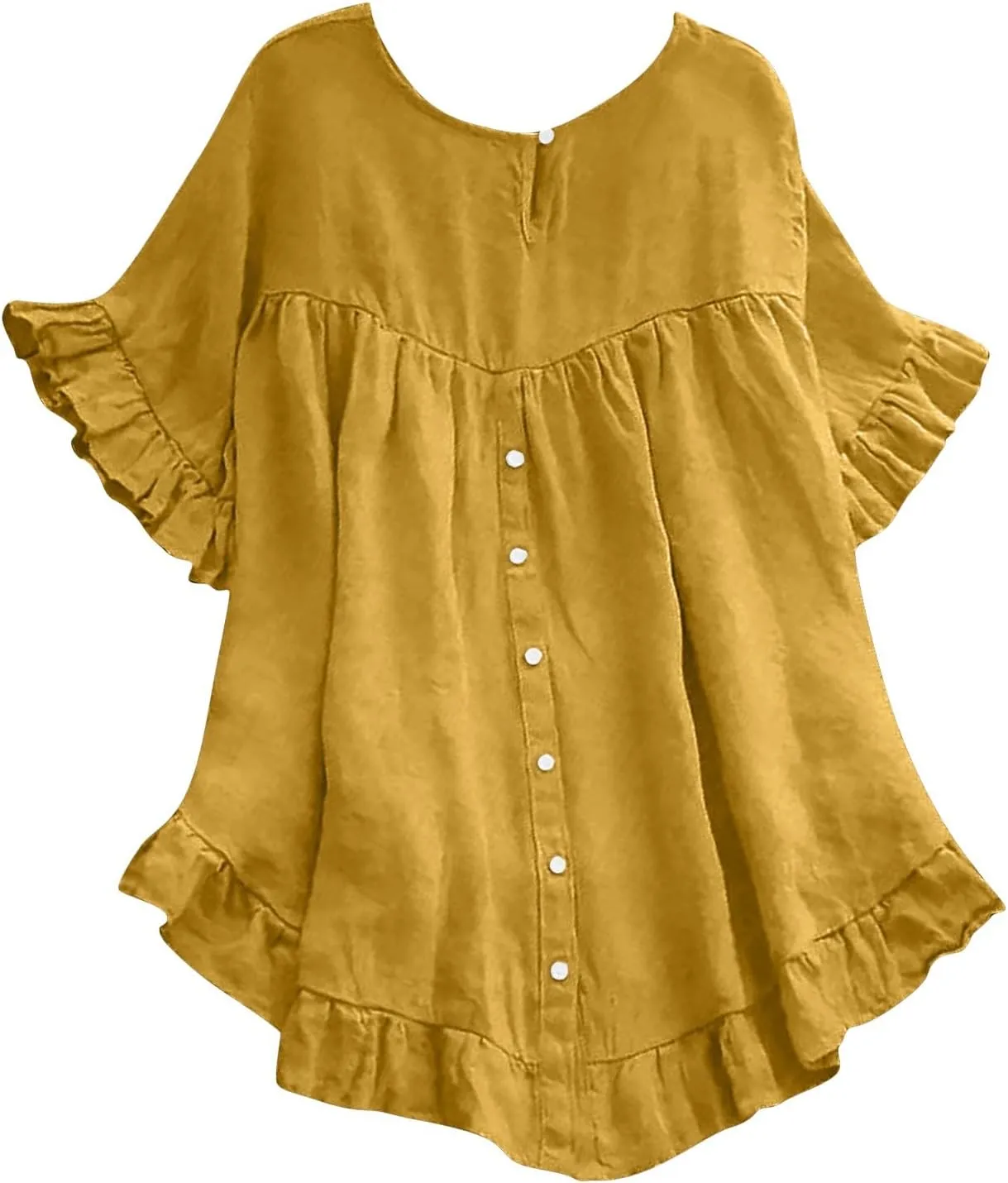 Women's Cotton and Linen Solid Color Loose Ruffled Edge Short Sleeved Button Up Shirt