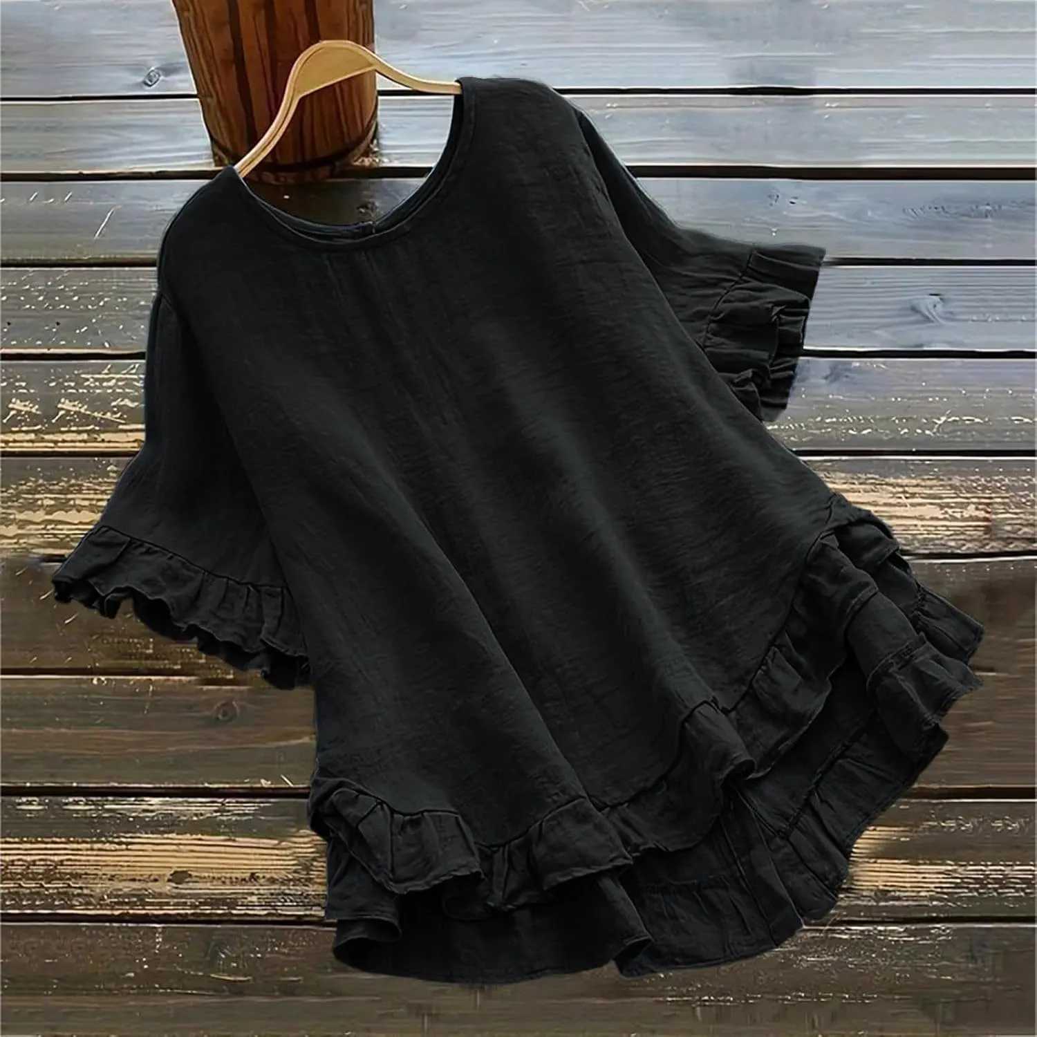 Women's Cotton and Linen Solid Color Loose Ruffled Edge Short Sleeved Button Up Shirt