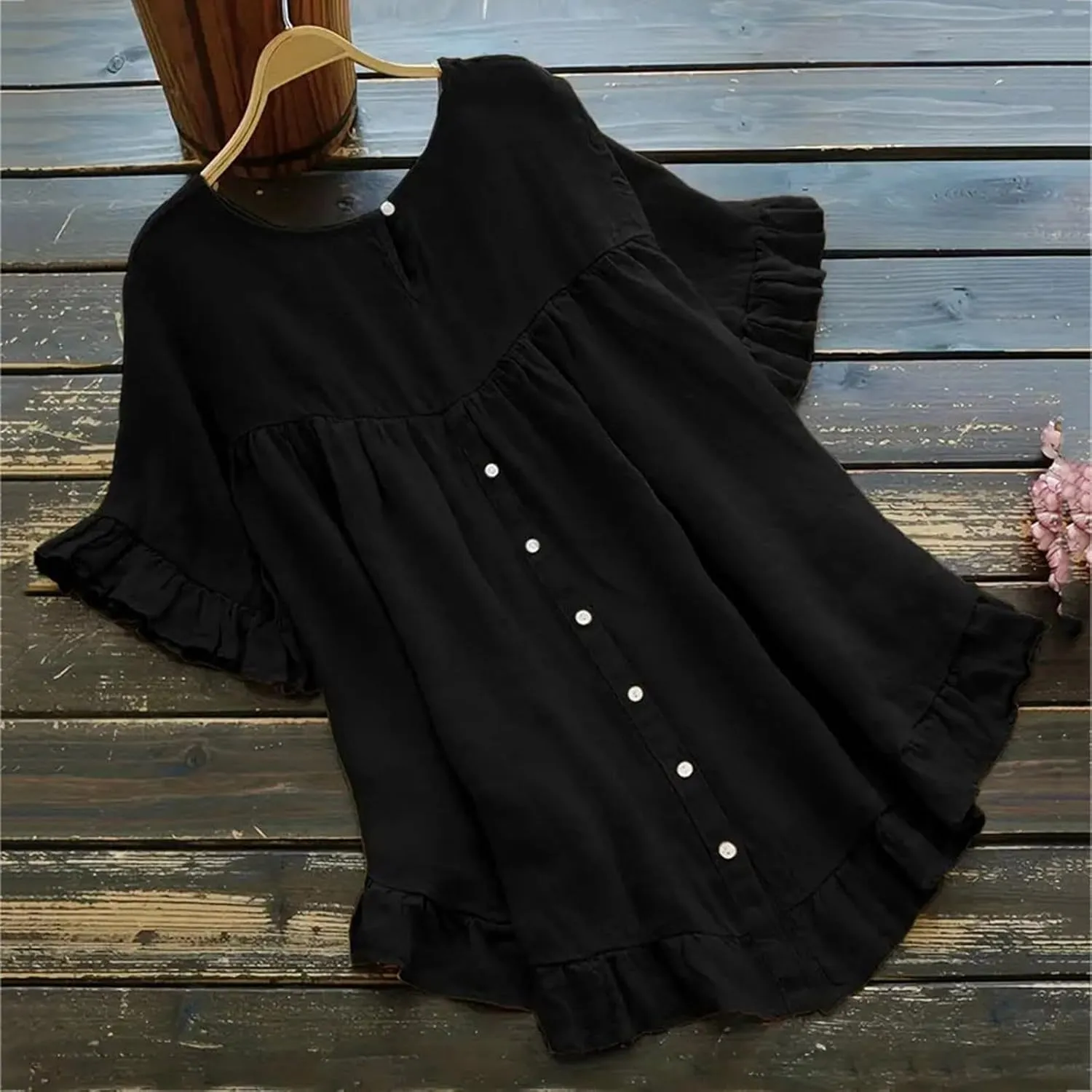 Women's Cotton and Linen Solid Color Loose Ruffled Edge Short Sleeved Button Up Shirt
