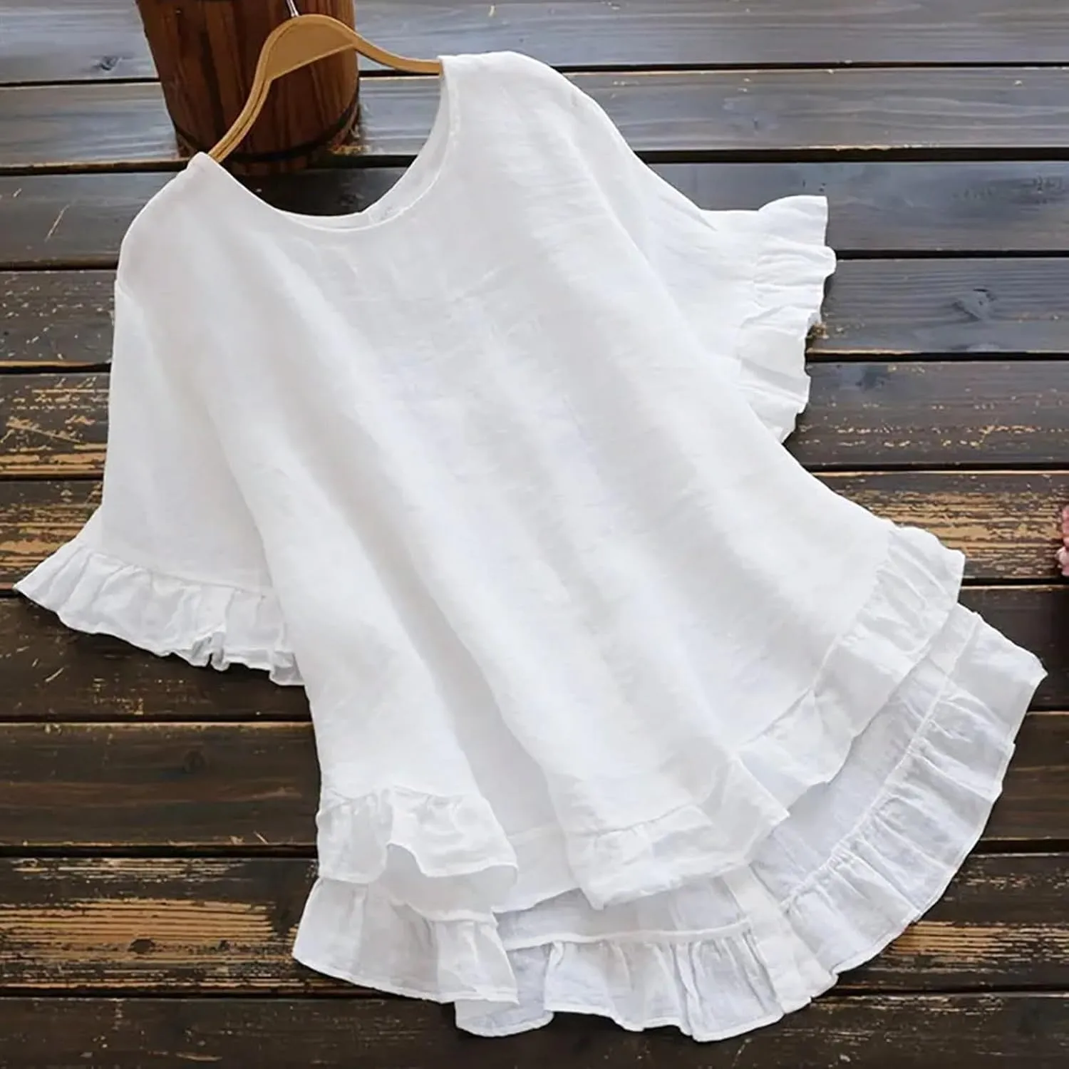 Women's Cotton and Linen Solid Color Loose Ruffled Edge Short Sleeved Button Up Shirt