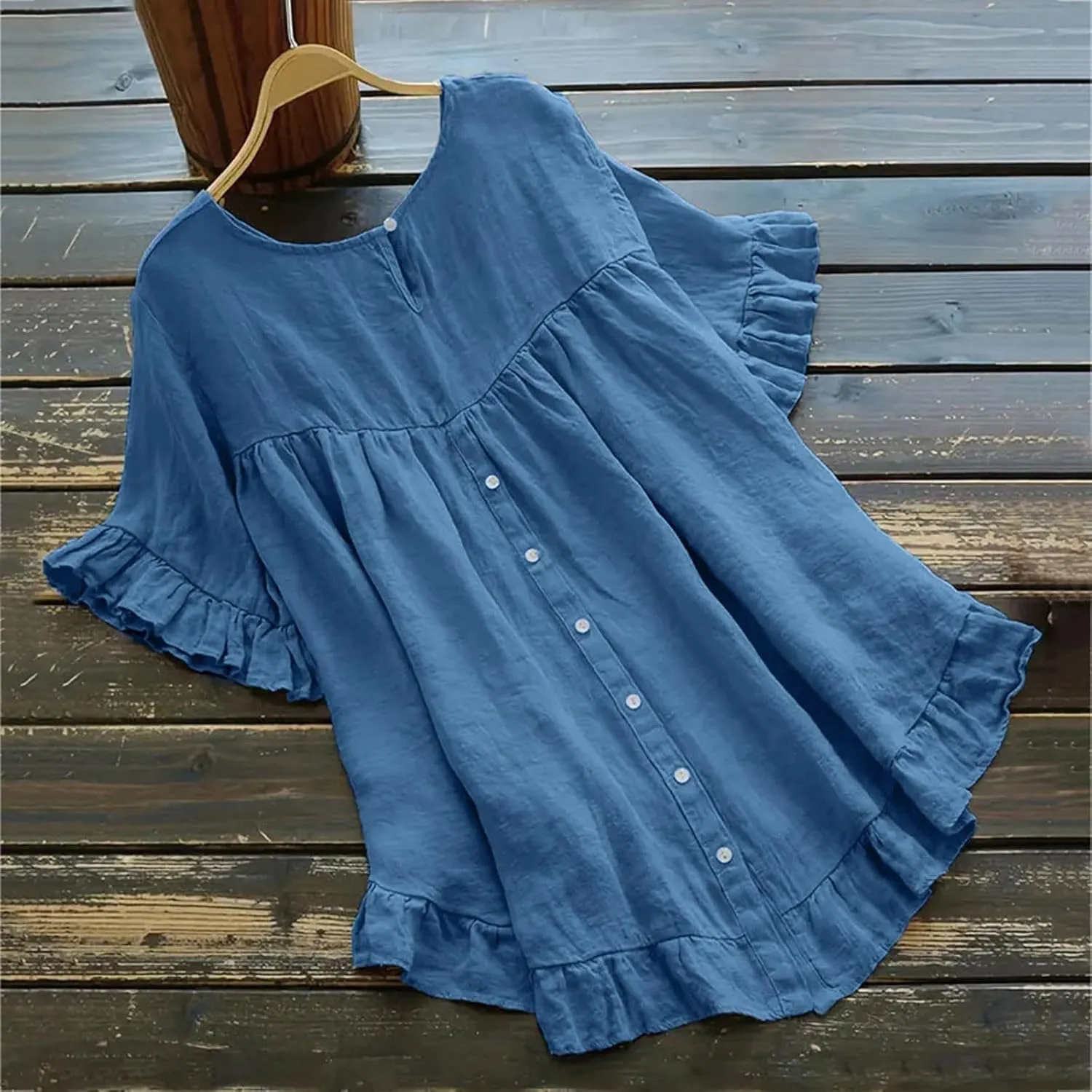 Women's Cotton and Linen Solid Color Loose Ruffled Edge Short Sleeved Button Up Shirt