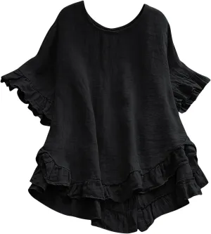 Women's Cotton and Linen Solid Color Loose Ruffled Edge Short Sleeved Button Up Shirt