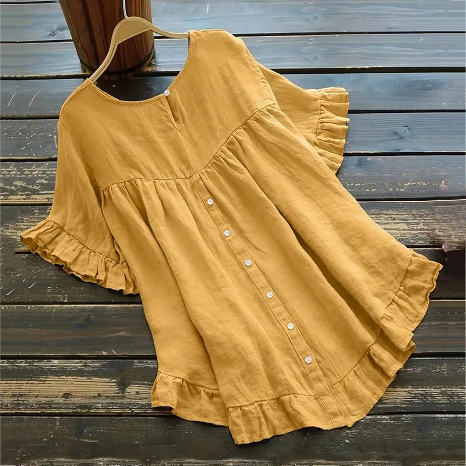 Women's Cotton and Linen Solid Color Loose Ruffled Edge Short Sleeved Button Up Shirt