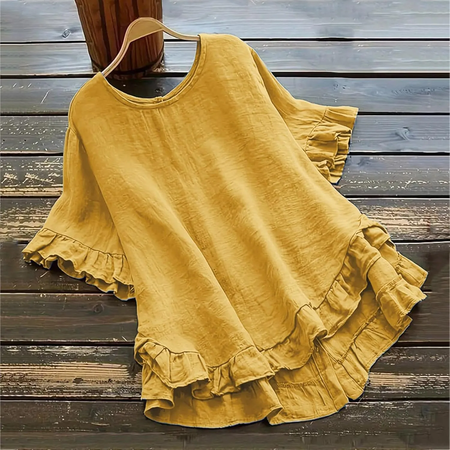Women's Cotton and Linen Solid Color Loose Ruffled Edge Short Sleeved Button Up Shirt