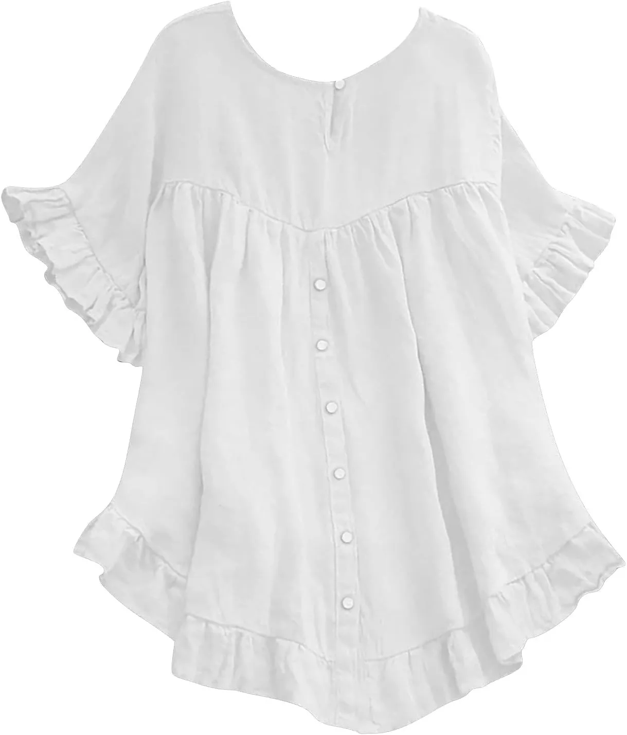 Women's Cotton and Linen Solid Color Loose Ruffled Edge Short Sleeved Button Up Shirt