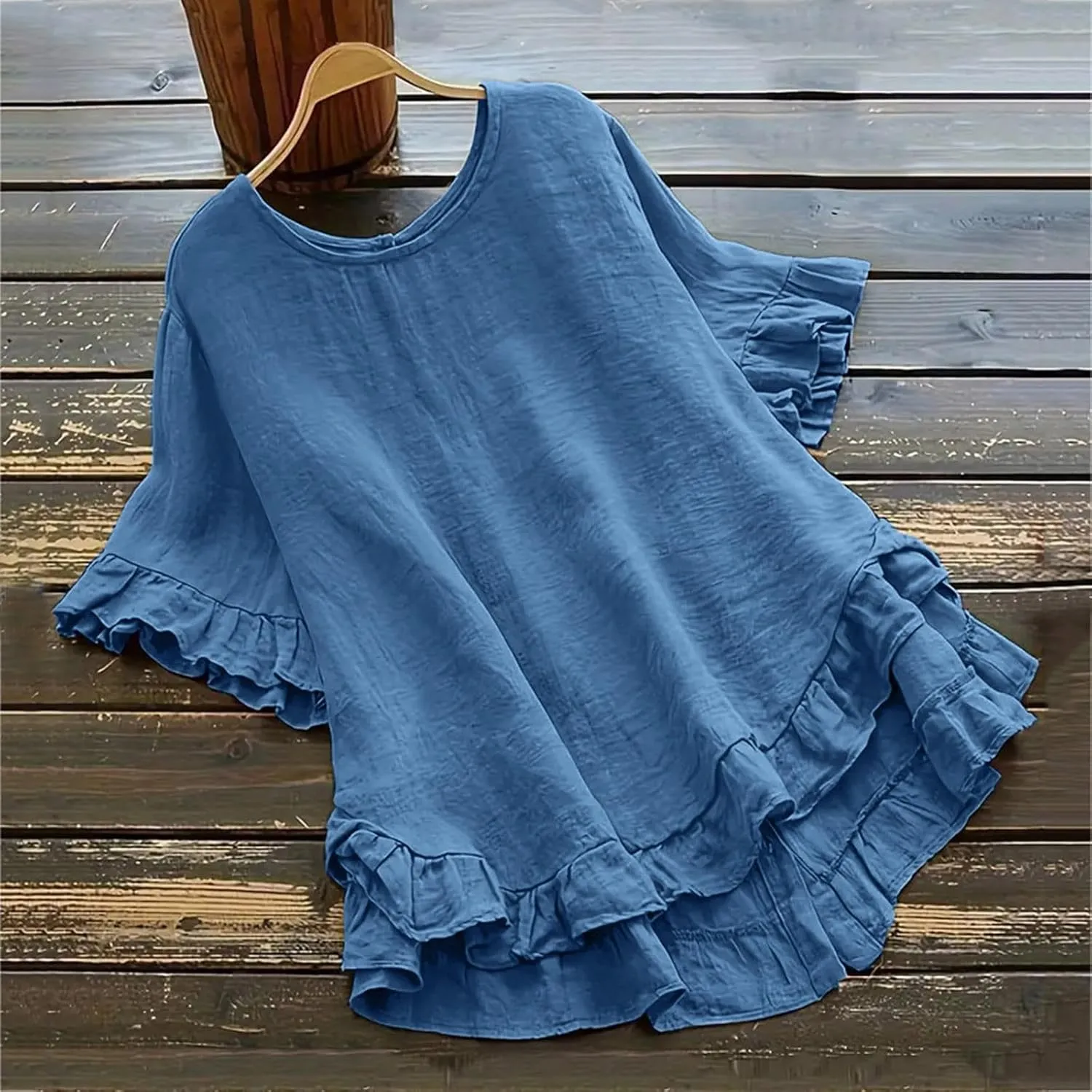 Women's Cotton and Linen Solid Color Loose Ruffled Edge Short Sleeved Button Up Shirt