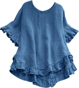 Women's Cotton and Linen Solid Color Loose Ruffled Edge Short Sleeved Button Up Shirt