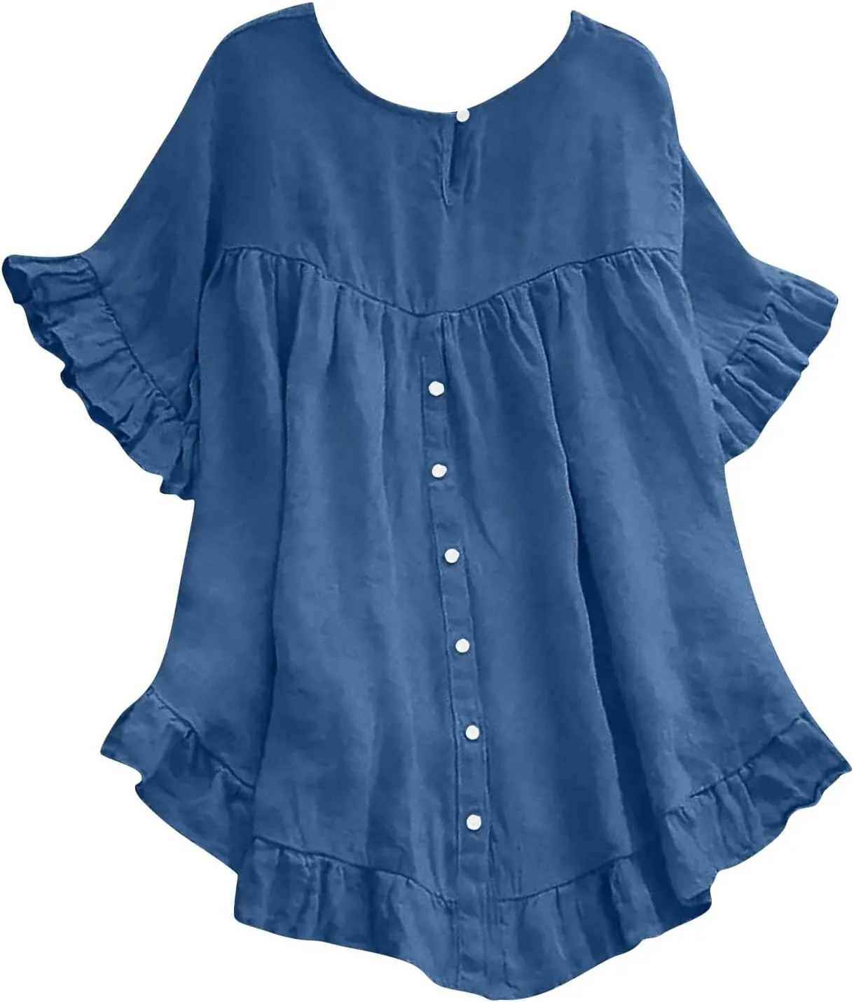 Women's Cotton and Linen Solid Color Loose Ruffled Edge Short Sleeved Button Up Shirt