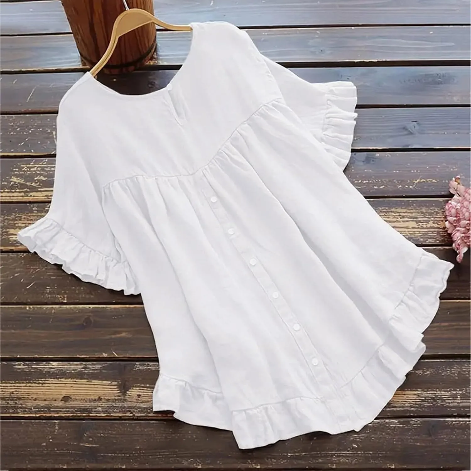 Women's Cotton and Linen Solid Color Loose Ruffled Edge Short Sleeved Button Up Shirt